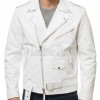 Men White Leather Fringed Biker Jacket | Premium Cowhide Luxury Rocker Moto Coat | Modern Western Alabaster Asymmetric Belted Rider Blouson