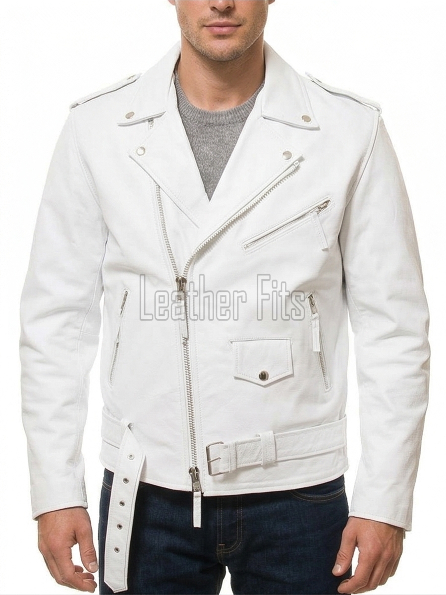 Men White Leather Fringed Biker Jacket | Premium Cowhide Luxury Rocker Moto Coat | Modern Western Alabaster Asymmetric Belted Rider Blouson
