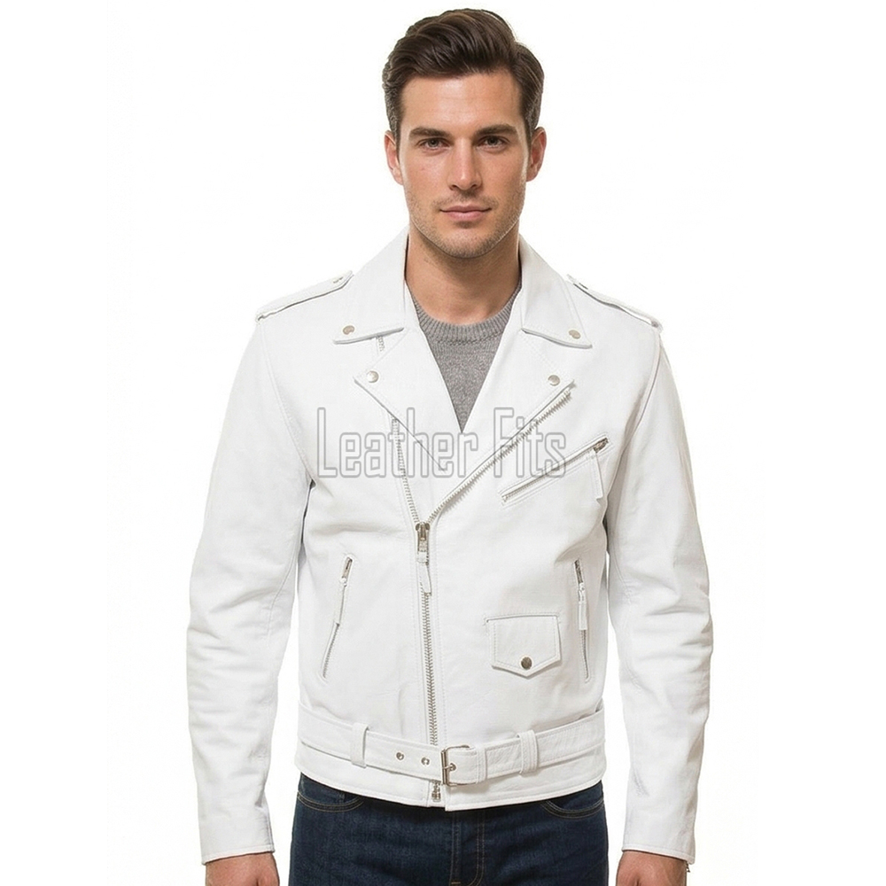 Men White Leather Fringed Biker Jacket | Premium Cowhide Luxury Rocker Moto Coat | Modern Western Alabaster Asymmetric Belted Rider Blouson