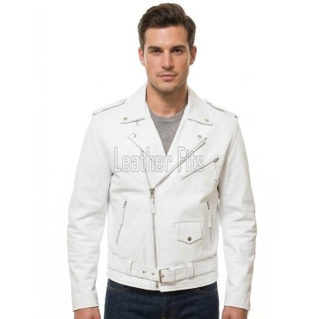Men White Leather Fringed Biker Jacket | Premium Cowhide Luxury Rocker Moto Coat | Modern Western Alabaster Asymmetric Belted Rider Blouson