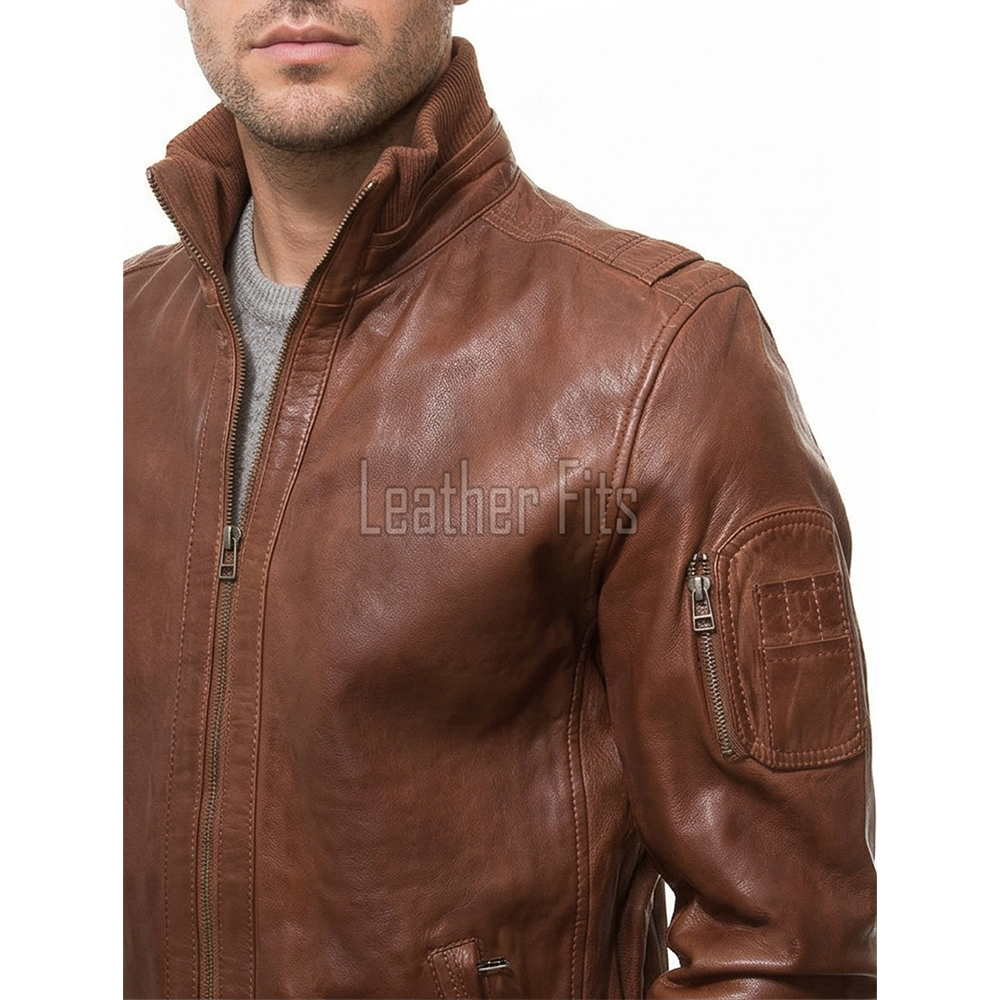 Men Cognac Brown Leather Bomber Jacket | Premium Lambskin Hybrid Dual Collar Aviator | Chestnut Tan Tactical Utility Arm Pocket Blouson