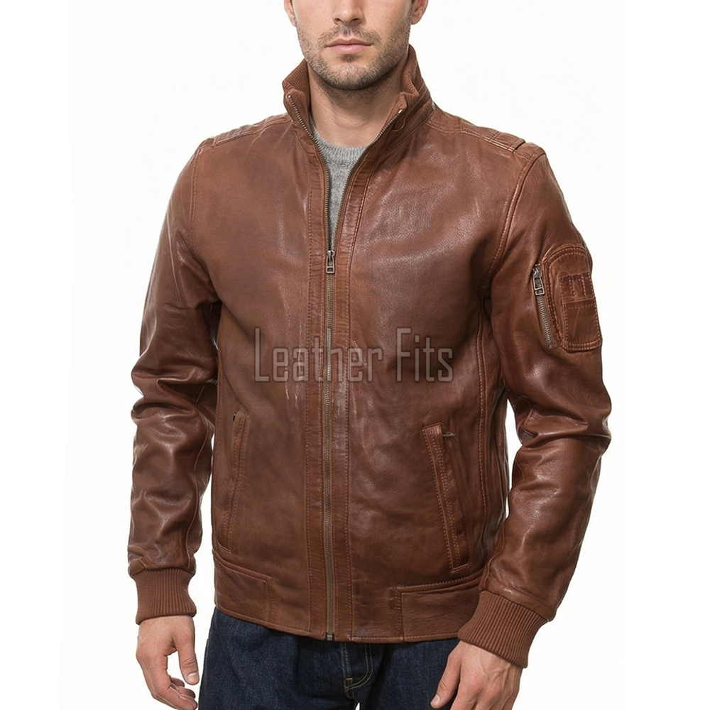 Men Cognac Brown Leather Bomber Jacket | Premium Lambskin Hybrid Dual Collar Aviator | Chestnut Tan Tactical Utility Arm Pocket Blouson