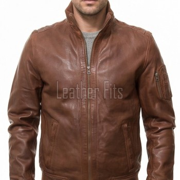 Men Cognac Brown Leather Bomber Jacket | Premium Lambskin Hybrid Dual Collar Aviator | Chestnut Tan Tactical Utility Arm Pocket Blouson