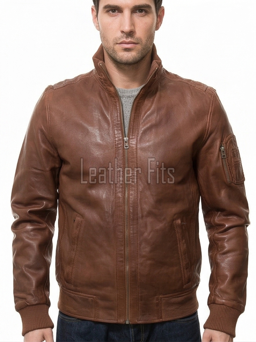 Men Cognac Brown Leather Bomber Jacket | Premium Lambskin Hybrid Dual Collar Aviator | Chestnut Tan Tactical Utility Arm Pocket Blouson