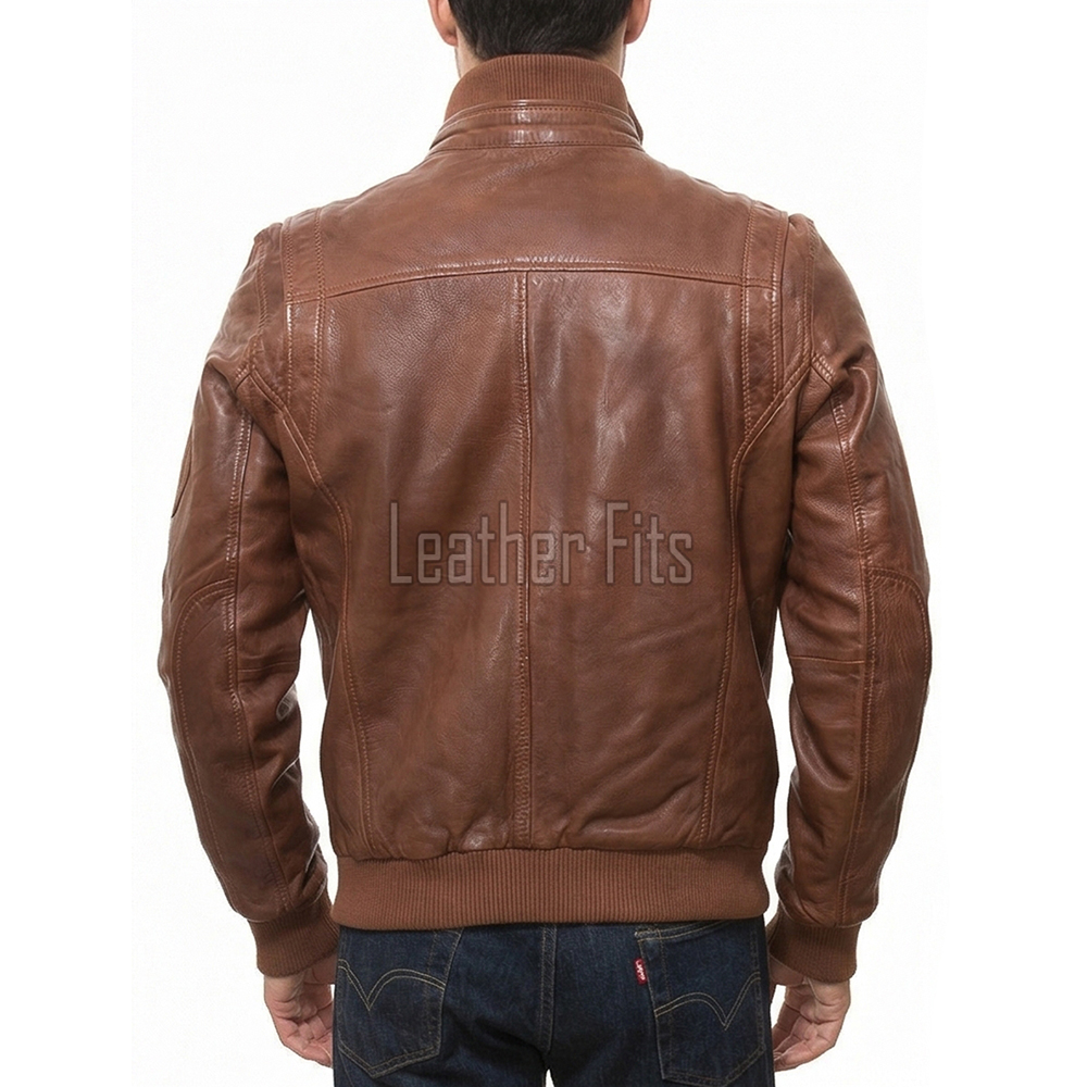 Men Cognac Brown Leather Bomber Jacket | Premium Lambskin Hybrid Dual Collar Aviator | Chestnut Tan Tactical Utility Arm Pocket Blouson