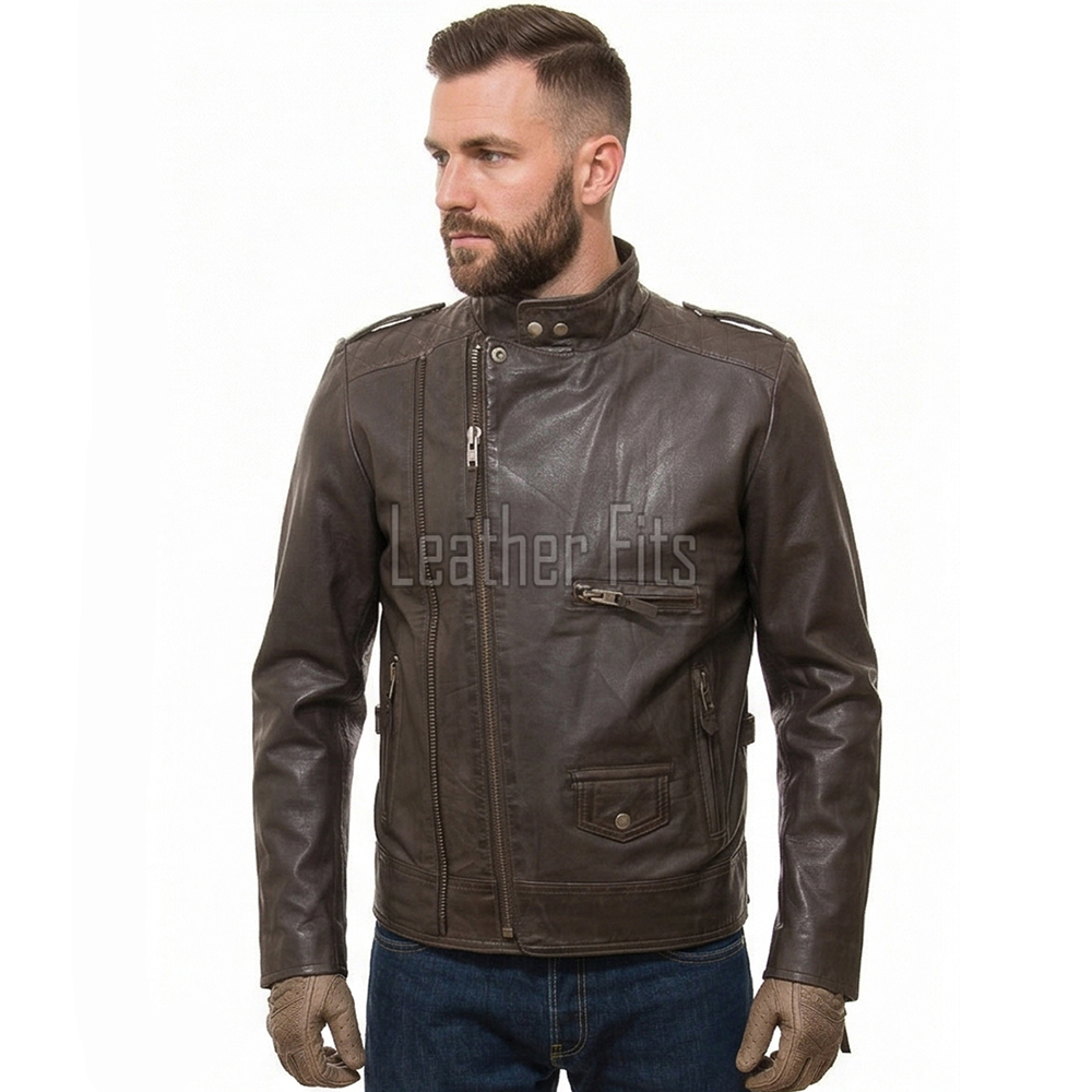Men Dark Brown Leather Biker Jacket | Premium Distressed Waxed Cowhide Café Racer | Coffee Espresso Diamond Quilted Asymmetric Moto Blouson