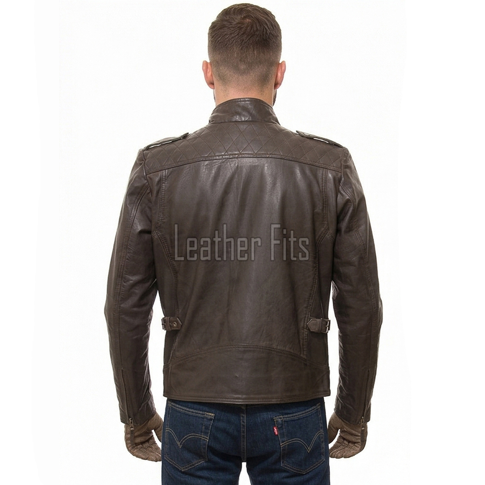 Men Dark Brown Leather Biker Jacket | Premium Distressed Waxed Cowhide Café Racer | Coffee Espresso Diamond Quilted Asymmetric Moto Blouson