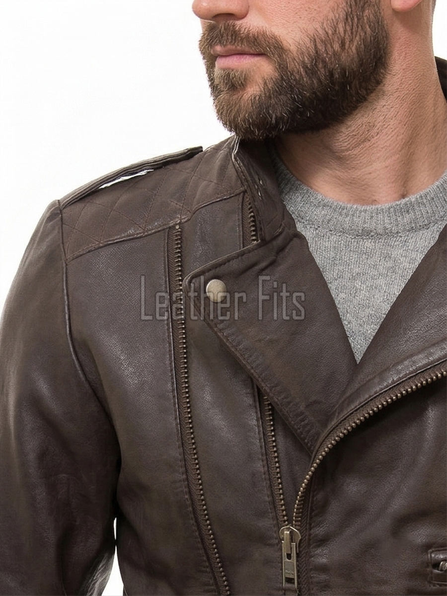 Men Dark Brown Leather Biker Jacket | Premium Distressed Waxed Cowhide Café Racer | Coffee Espresso Diamond Quilted Asymmetric Moto Blouson