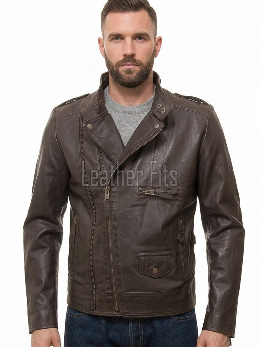 Men Dark Brown Leather Biker Jacket | Premium Distressed Waxed Cowhide Café Racer | Coffee Espresso Diamond Quilted Asymmetric Moto Blouson