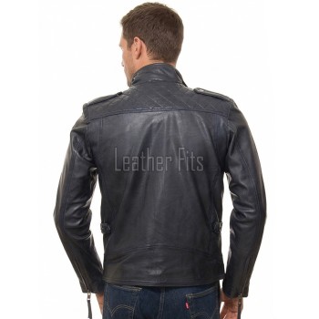 Men Midnight Navy Leather Biker Jacket | Premium Diamond Quilted Lambskin Café Racer | Ink Blue Asymmetric Luxury Moto Blouson
