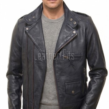 Men Midnight Navy Leather Biker Jacket | Premium Diamond Quilted Lambskin Café Racer | Ink Blue Asymmetric Luxury Moto Blouson