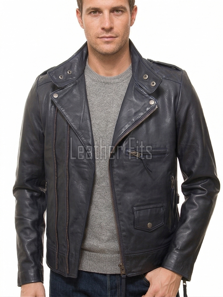 Men Midnight Navy Leather Biker Jacket | Premium Diamond Quilted Lambskin Café Racer | Ink Blue Asymmetric Luxury Moto Blouson