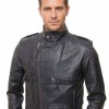 Men Midnight Navy Leather Biker Jacket | Premium Diamond Quilted Lambskin Café Racer | Ink Blue Asymmetric Luxury Moto Blouson