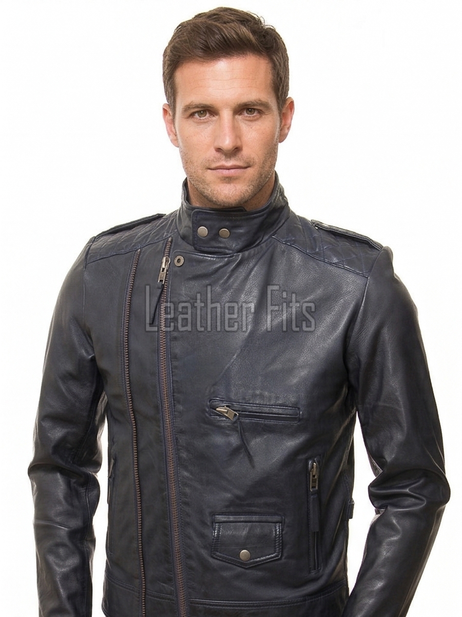 Men Midnight Navy Leather Biker Jacket | Premium Diamond Quilted Lambskin Café Racer | Ink Blue Asymmetric Luxury Moto Blouson