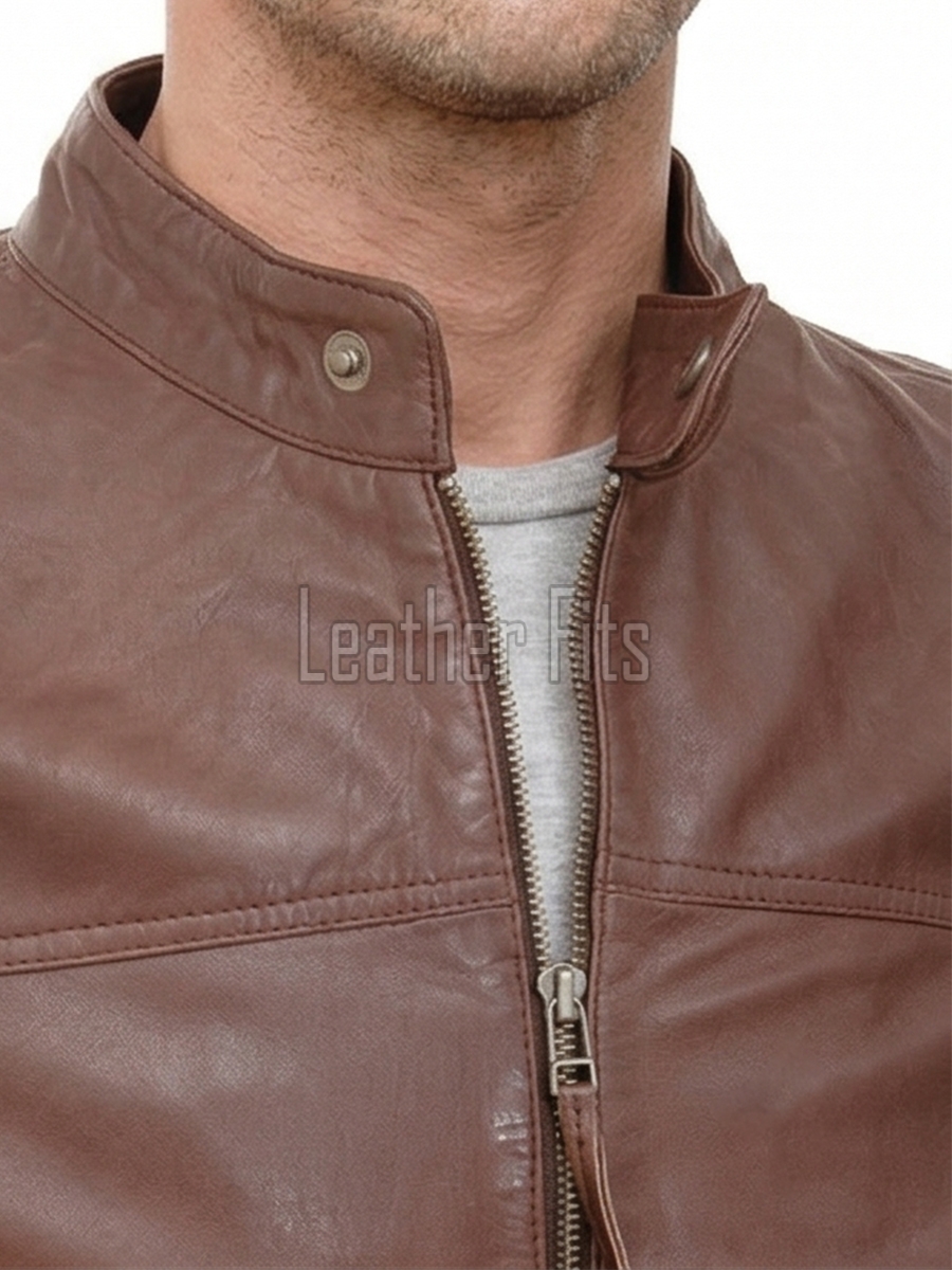 Men Walnut Brown Leather Racer Jacket | Premium Lambskin Minimalist Cafe Rider | Smooth Chestnut Tan Stand Collar Urban Blouson