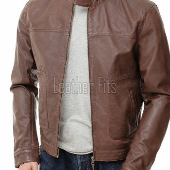Men Walnut Brown Leather Racer Jacket | Premium Lambskin Minimalist Cafe Rider | Smooth Chestnut Tan Stand Collar Urban Blouson