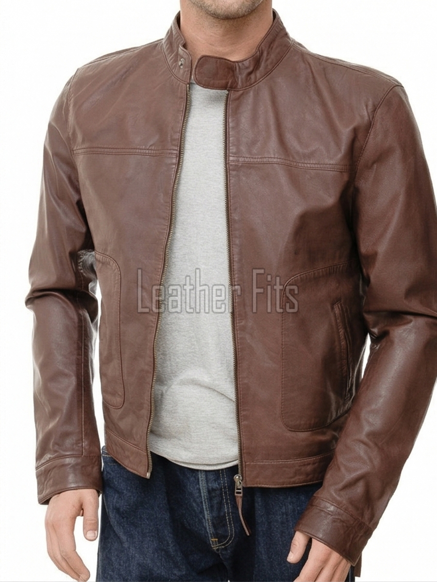 Men Walnut Brown Leather Racer Jacket | Premium Lambskin Minimalist Cafe Rider | Smooth Chestnut Tan Stand Collar Urban Blouson