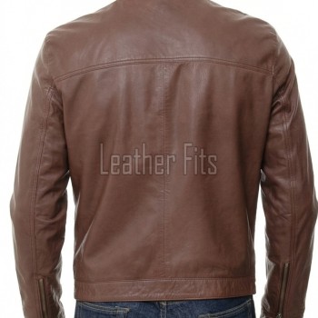 Men Walnut Brown Leather Racer Jacket | Premium Lambskin Minimalist Cafe Rider | Smooth Chestnut Tan Stand Collar Urban Blouson