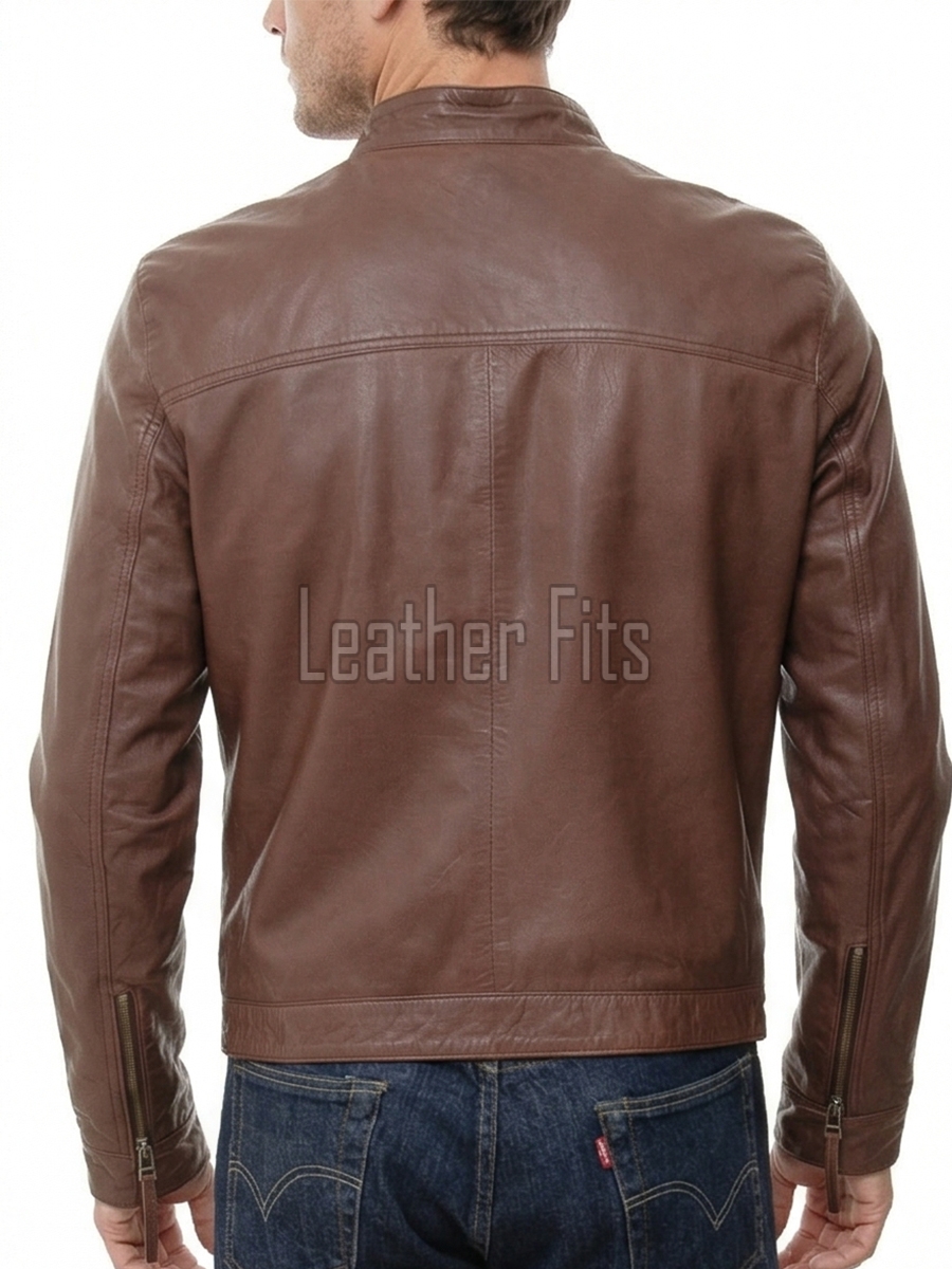 Men Walnut Brown Leather Racer Jacket | Premium Lambskin Minimalist Cafe Rider | Smooth Chestnut Tan Stand Collar Urban Blouson