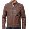 Men Walnut Brown Leather Racer Jacket | Premium Lambskin Minimalist Cafe Rider | Smooth Chestnut Tan Stand Collar Urban Blouson
