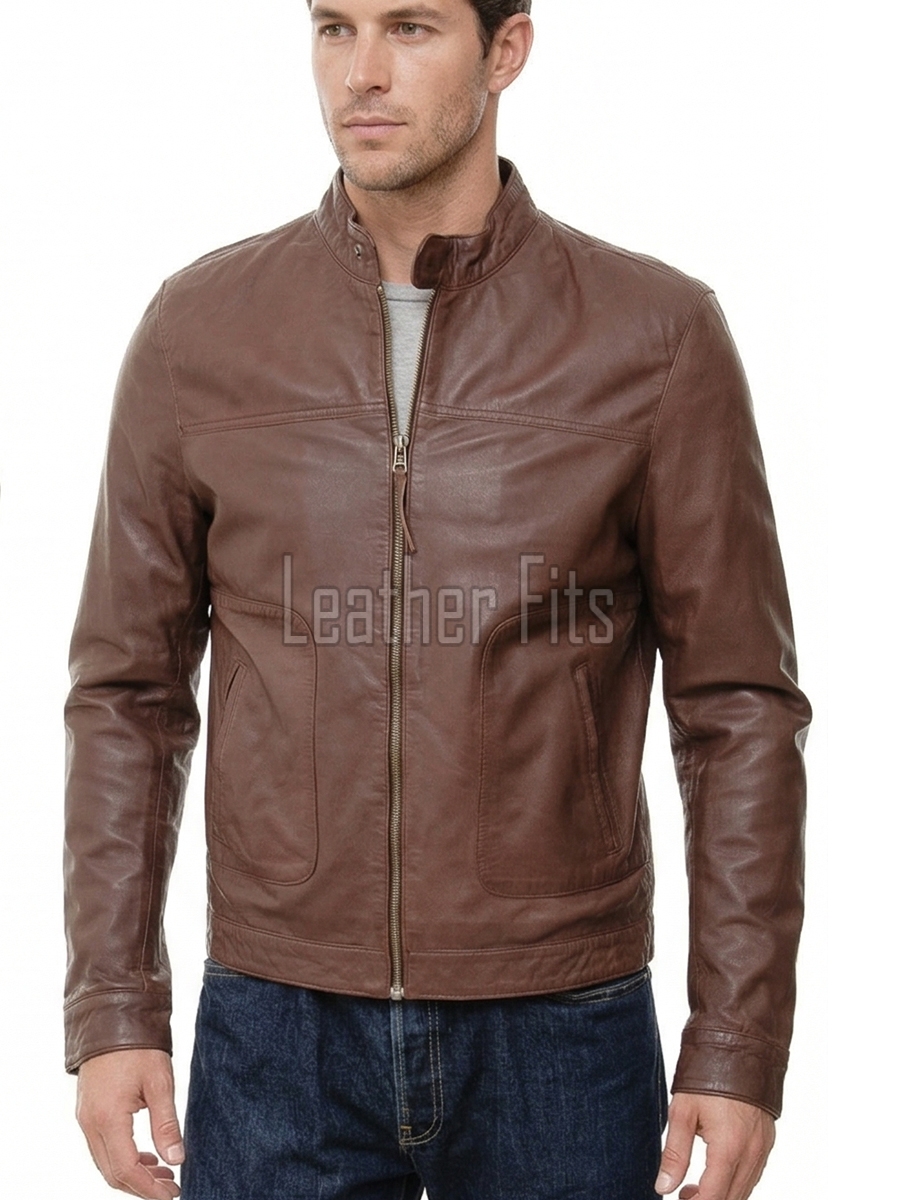 Men Walnut Brown Leather Racer Jacket | Premium Lambskin Minimalist Cafe Rider | Smooth Chestnut Tan Stand Collar Urban Blouson