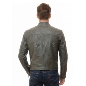 Men Slate Grey Distressed Leather Racer Jacket | Premium Washed Sheepskin Minimalist Cafe Rider | Pewter Charcoal Stand Collar Urban Blouson