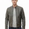 Men Slate Grey Distressed Leather Racer Jacket | Premium Washed Sheepskin Minimalist Cafe Rider | Pewter Charcoal Stand Collar Urban Blouson