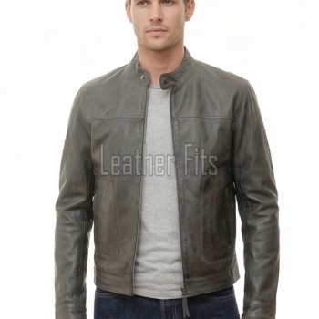 Men Slate Grey Distressed Leather Racer Jacket | Premium Washed Sheepskin Minimalist Cafe Rider | Pewter Charcoal Stand Collar Urban Blouson