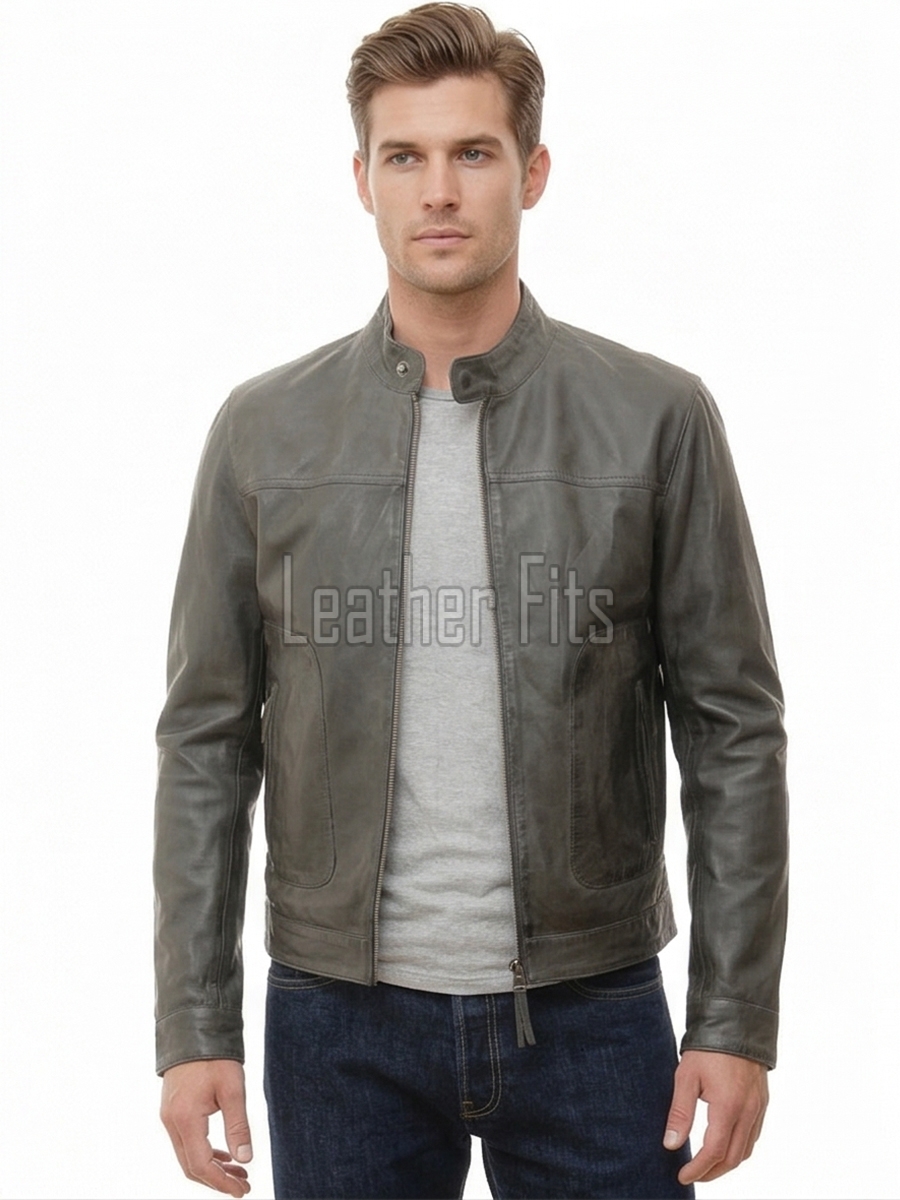 Men Slate Grey Distressed Leather Racer Jacket | Premium Washed Sheepskin Minimalist Cafe Rider | Pewter Charcoal Stand Collar Urban Blouson