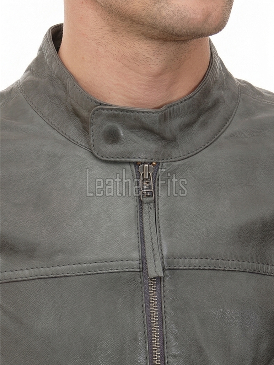 Men Slate Grey Distressed Leather Racer Jacket | Premium Washed Sheepskin Minimalist Cafe Rider | Pewter Charcoal Stand Collar Urban Blouson