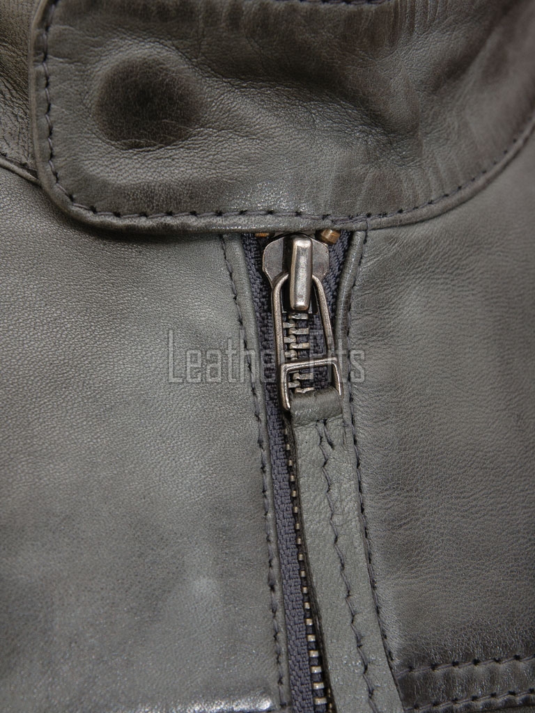 Men Slate Grey Distressed Leather Racer Jacket | Premium Washed Sheepskin Minimalist Cafe Rider | Pewter Charcoal Stand Collar Urban Blouson