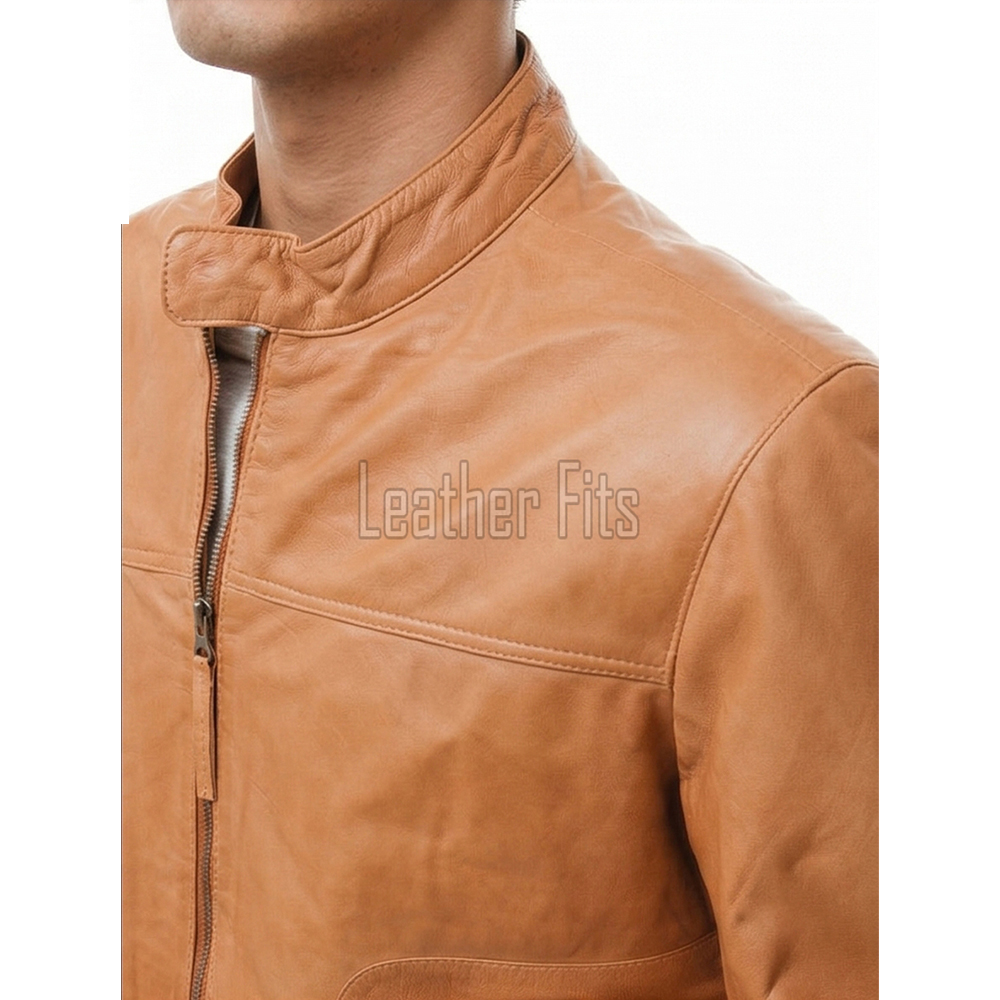 Men Camel Tan Leather Racer Jacket | Premium Nappa Sheepskin Minimalist Cafe Rider | Light Ginger Amber Stand Collar Urban Summer Blouson