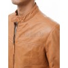 Men Camel Tan Leather Racer Jacket | Premium Nappa Sheepskin Minimalist Cafe Rider | Light Ginger Amber Stand Collar Urban Summer Blouson