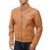 Men Camel Tan Leather Racer Jacket | Premium Nappa Sheepskin Minimalist Cafe Rider | Light Ginger Amber Stand Collar Urban Summer Blouson
