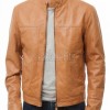 Men Camel Tan Leather Racer Jacket | Premium Nappa Sheepskin Minimalist Cafe Rider | Light Ginger Amber Stand Collar Urban Summer Blouson