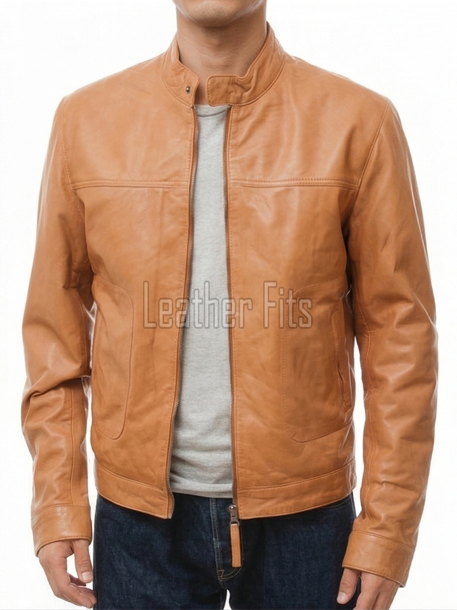 Men Camel Tan Leather Racer Jacket | Premium Nappa Sheepskin Minimalist Cafe Rider | Light Ginger Amber Stand Collar Urban Summer Blouson