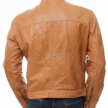 Men Camel Tan Leather Racer Jacket | Premium Nappa Sheepskin Minimalist Cafe Rider | Light Ginger Amber Stand Collar Urban Summer Blouson