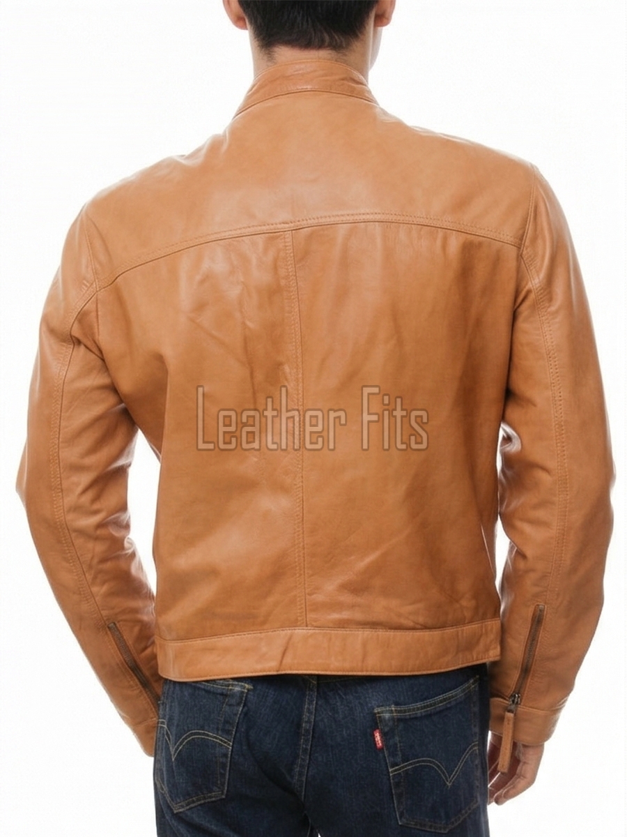 Men Camel Tan Leather Racer Jacket | Premium Nappa Sheepskin Minimalist Cafe Rider | Light Ginger Amber Stand Collar Urban Summer Blouson