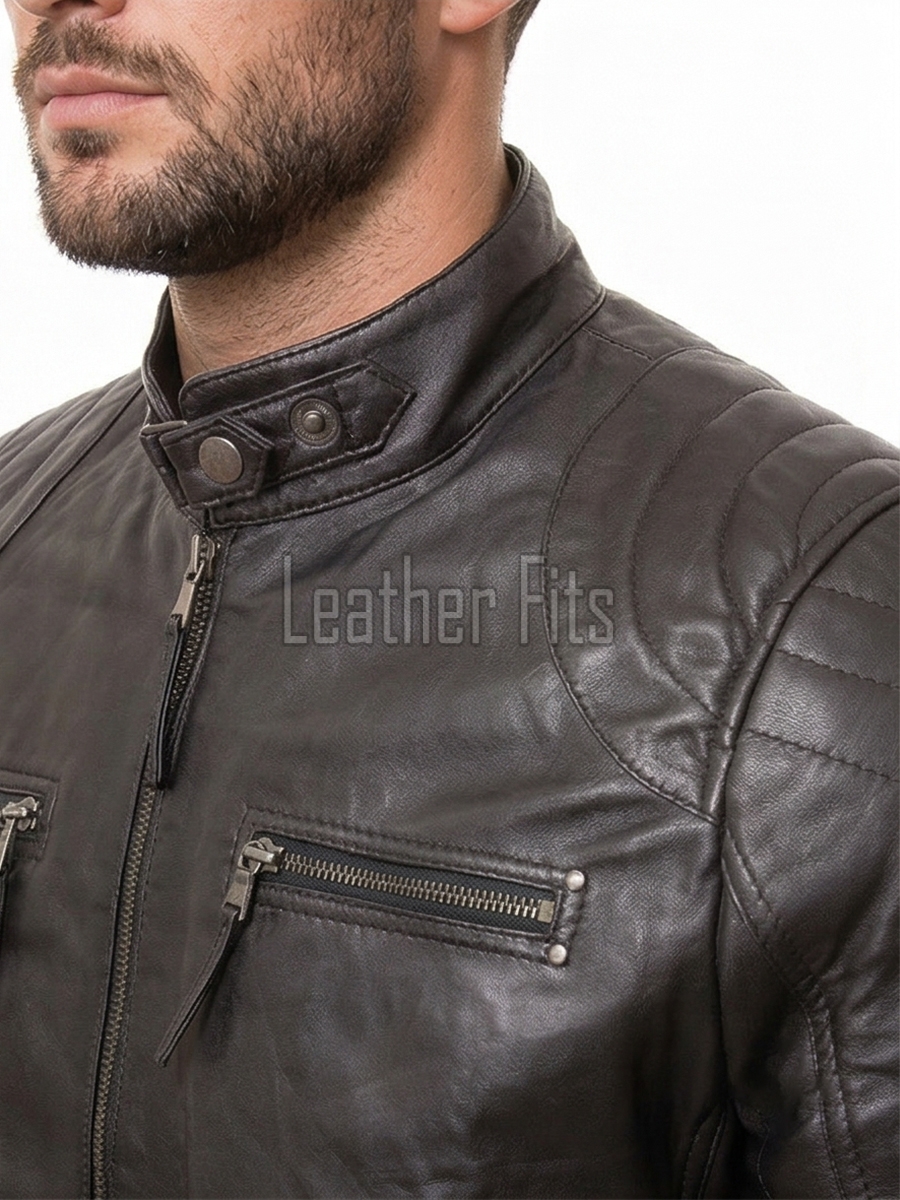 Men Dark Bark Brown Leather Jacket | Premium Sheepskin Quilted Cafe Racer | Vintage Charcoal Distressed Moto Rider Zipper Blouson