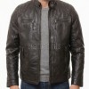 Men Dark Bark Brown Leather Jacket | Premium Sheepskin Quilted Cafe Racer | Vintage Charcoal Distressed Moto Rider Zipper Blouson