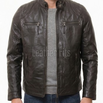 Men Dark Bark Brown Leather Jacket | Premium Sheepskin Quilted Cafe Racer | Vintage Charcoal Distressed Moto Rider Zipper Blouson