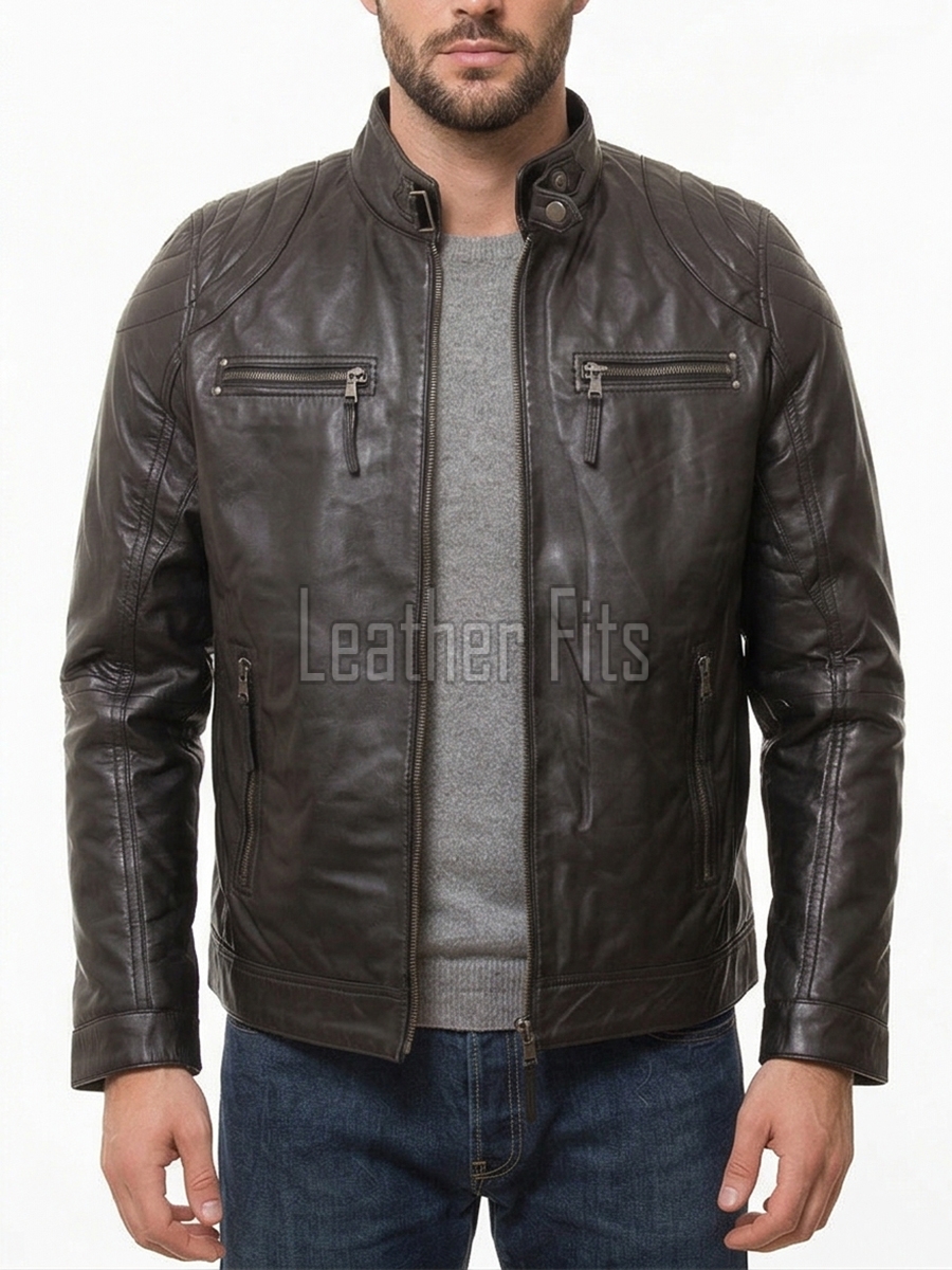 Men Dark Bark Brown Leather Jacket | Premium Sheepskin Quilted Cafe Racer | Vintage Charcoal Distressed Moto Rider Zipper Blouson