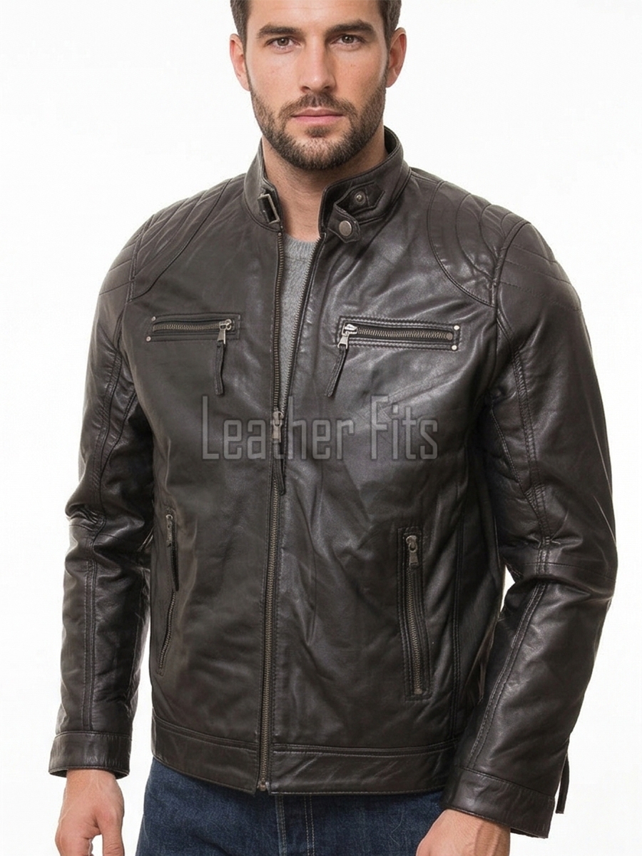 Men Dark Bark Brown Leather Jacket | Premium Sheepskin Quilted Cafe Racer | Vintage Charcoal Distressed Moto Rider Zipper Blouson