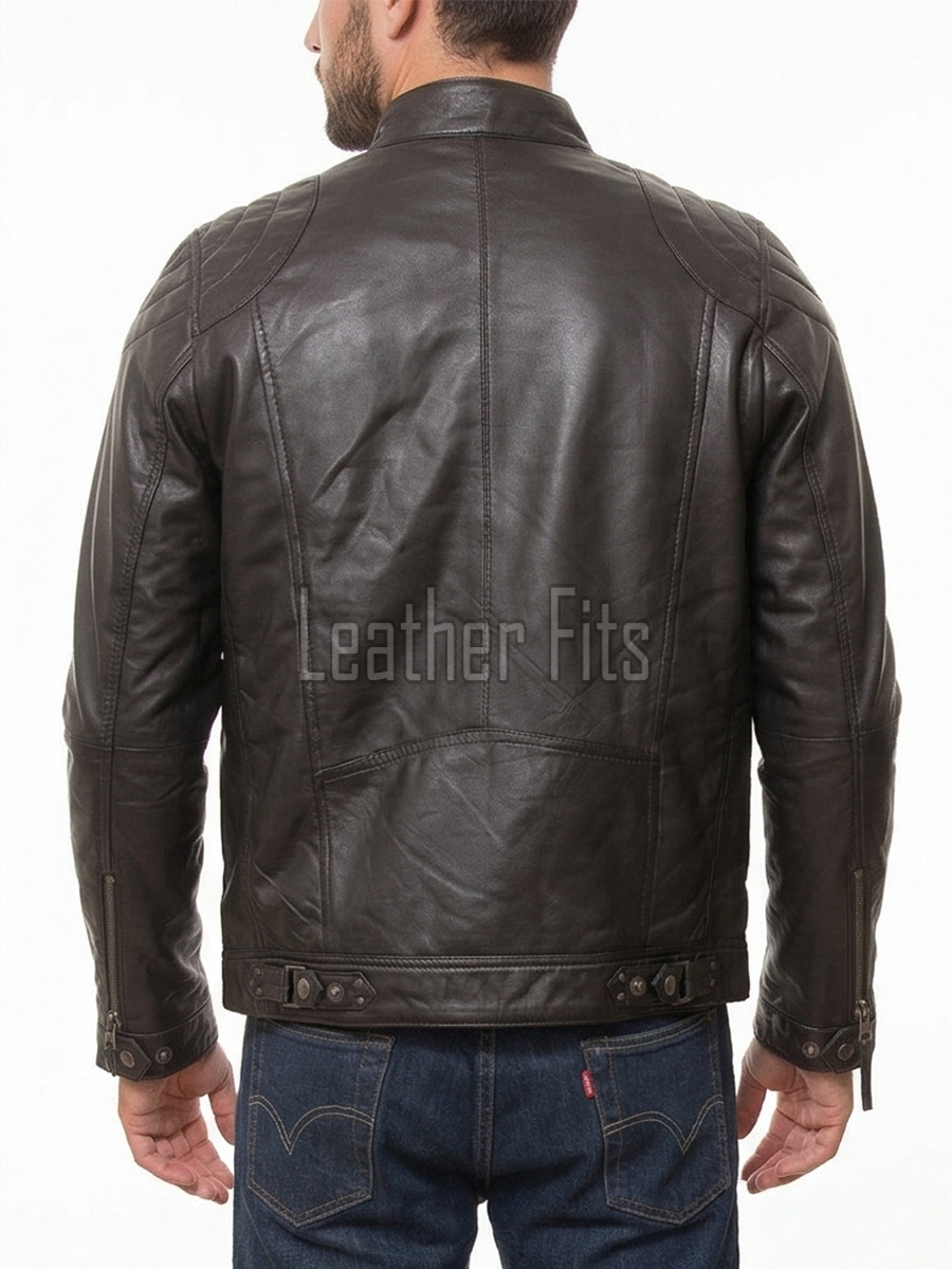 Men Dark Bark Brown Leather Jacket | Premium Sheepskin Quilted Cafe Racer | Vintage Charcoal Distressed Moto Rider Zipper Blouson