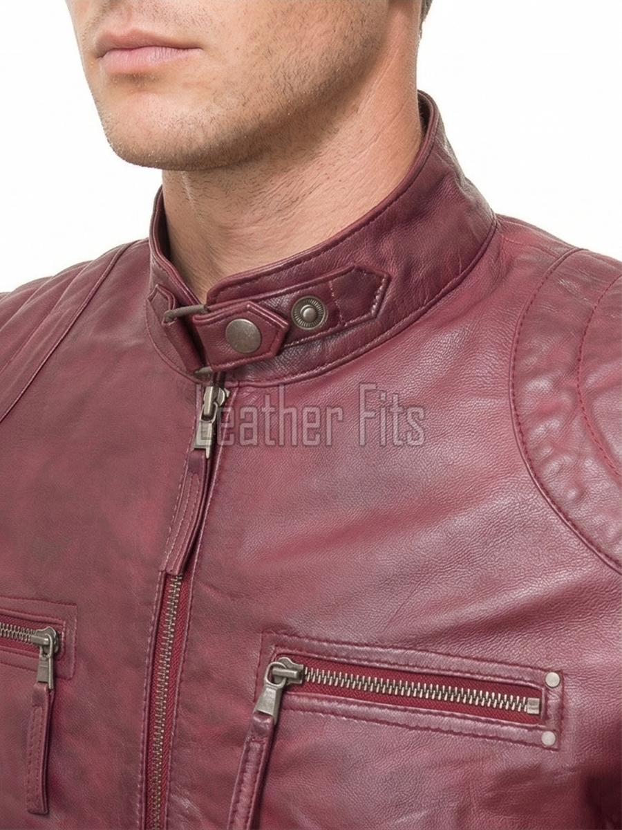 Men Burgundy Oxblood Leather Jacket | Premium Quilted Sheepskin Cafe Racer | Vintage Wine Maroon Distressed Moto Rider Zipper Blouson