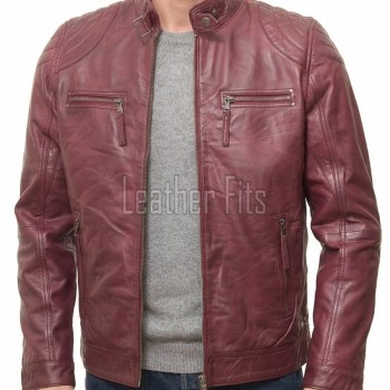 Men Burgundy Oxblood Leather Jacket | Premium Quilted Sheepskin Cafe Racer | Vintage Wine Maroon Distressed Moto Rider Zipper Blouson