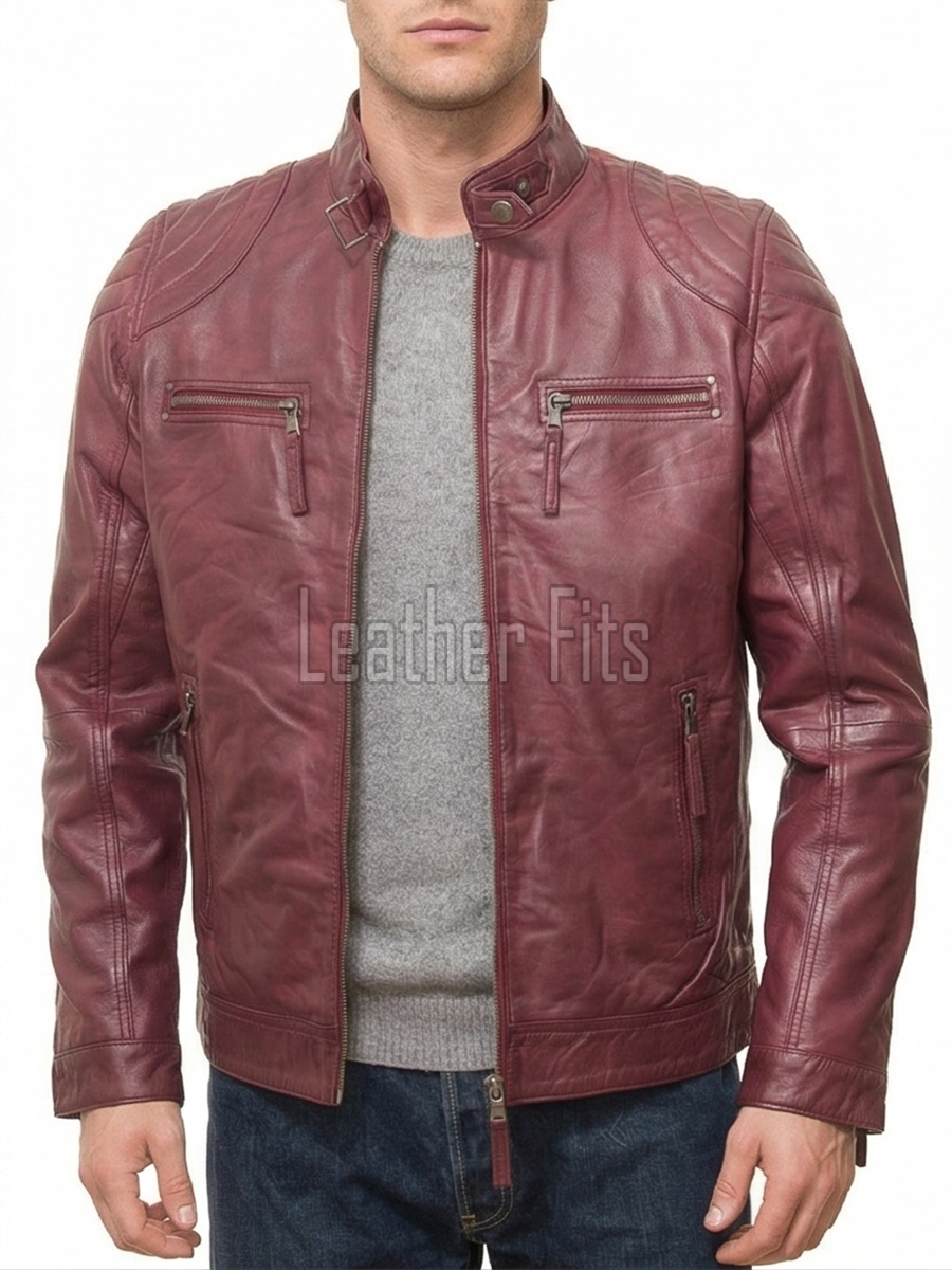 Men Burgundy Oxblood Leather Jacket | Premium Quilted Sheepskin Cafe Racer | Vintage Wine Maroon Distressed Moto Rider Zipper Blouson