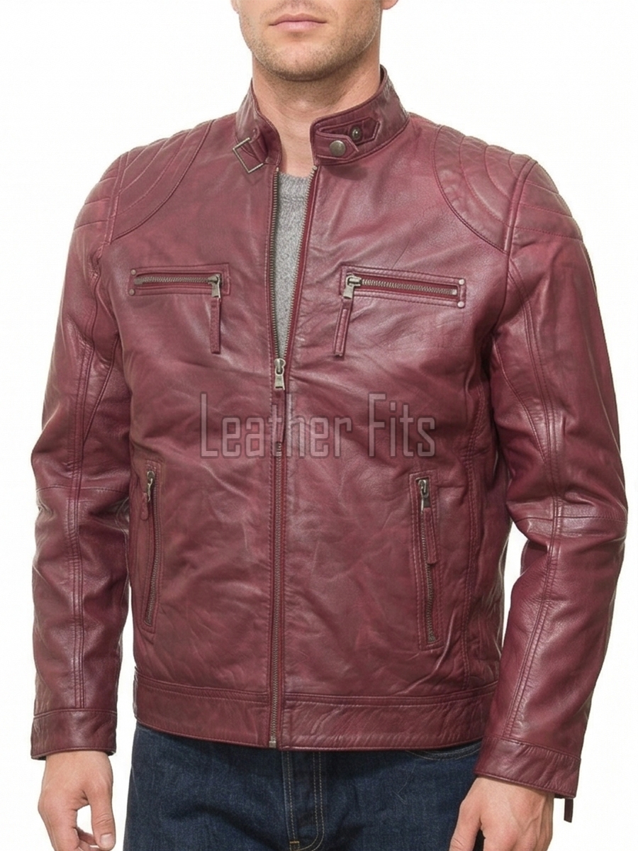 Men Burgundy Oxblood Leather Jacket | Premium Quilted Sheepskin Cafe Racer | Vintage Wine Maroon Distressed Moto Rider Zipper Blouson