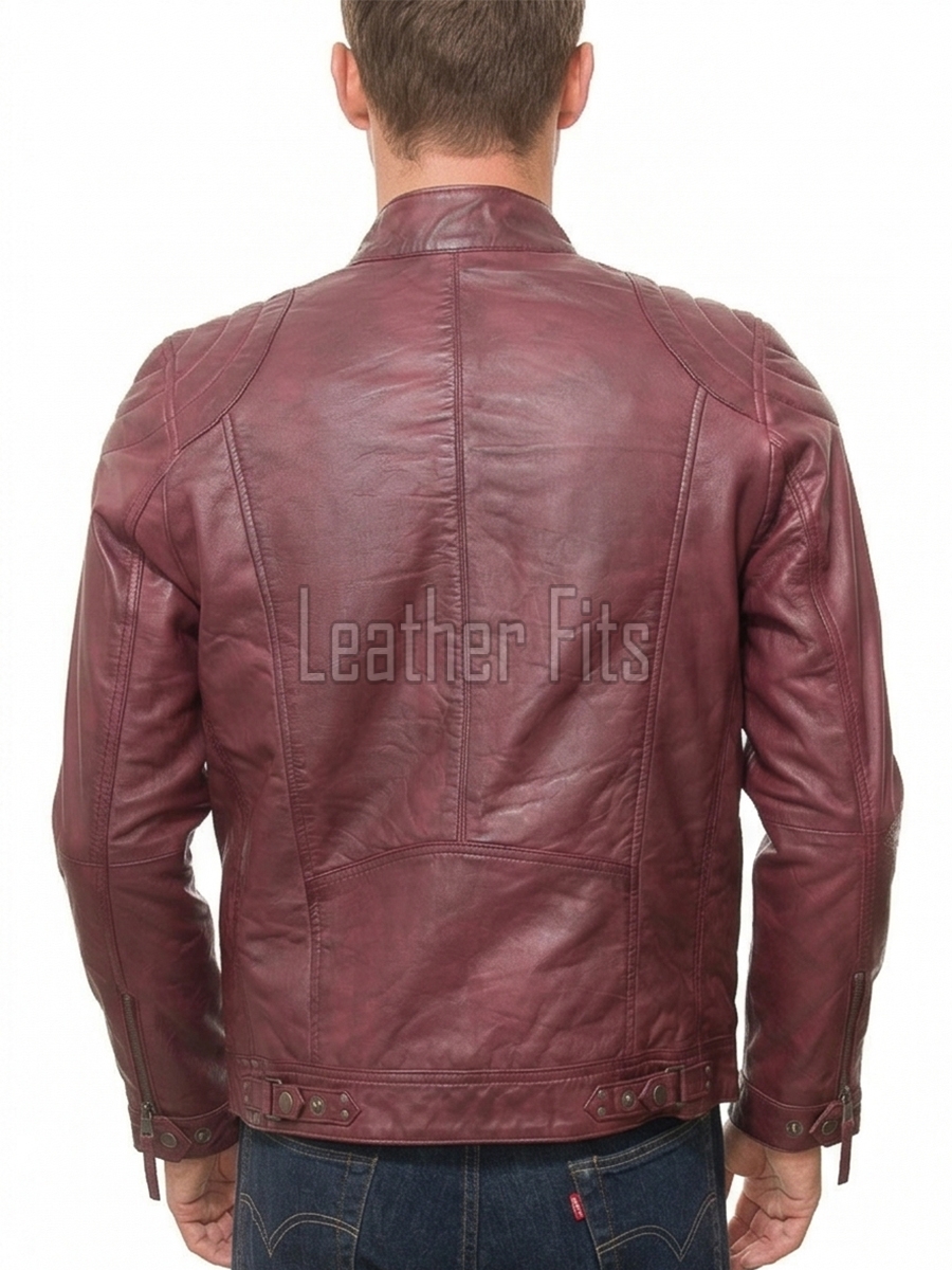 Men Burgundy Oxblood Leather Jacket | Premium Quilted Sheepskin Cafe Racer | Vintage Wine Maroon Distressed Moto Rider Zipper Blouson