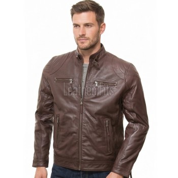 Men Cocoa Brown Leather Jacket | Premium Quilted Sheepskin Cafe Racer | Vintage Chestnut Earth Tone Moto Rider Zipper Blouson